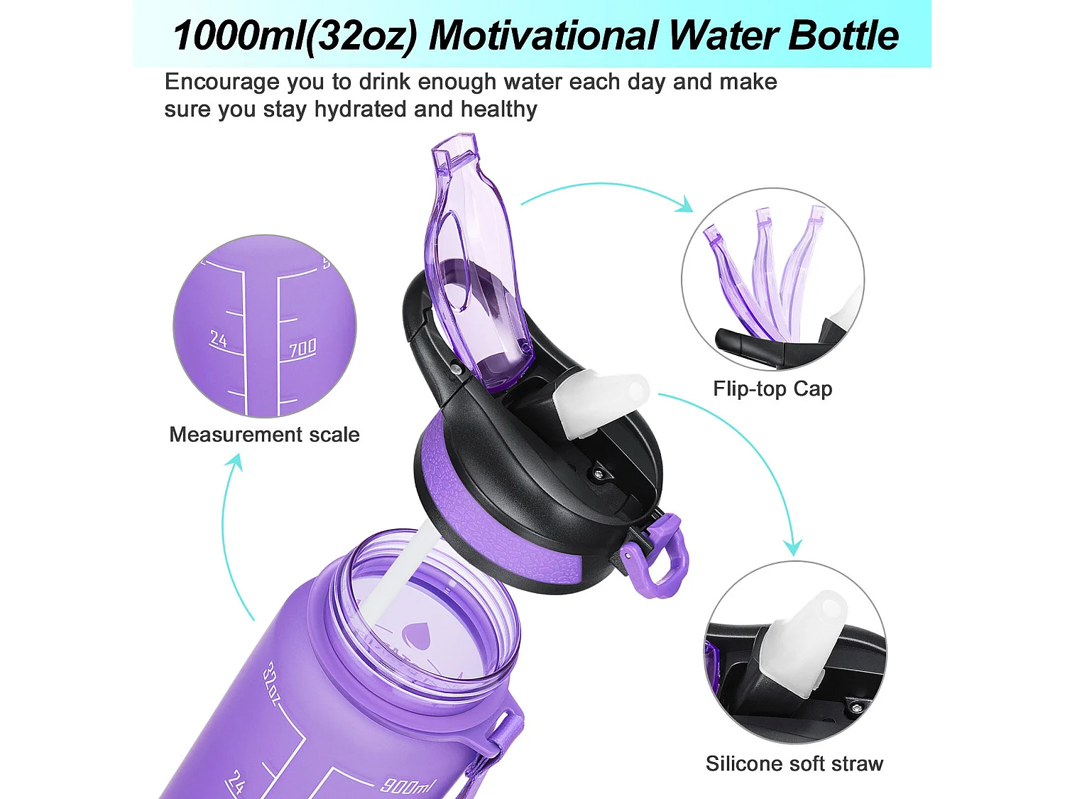 Gourde de Sport Bouteille d'eau 1000ml - ABS 100% sans BPA - violet