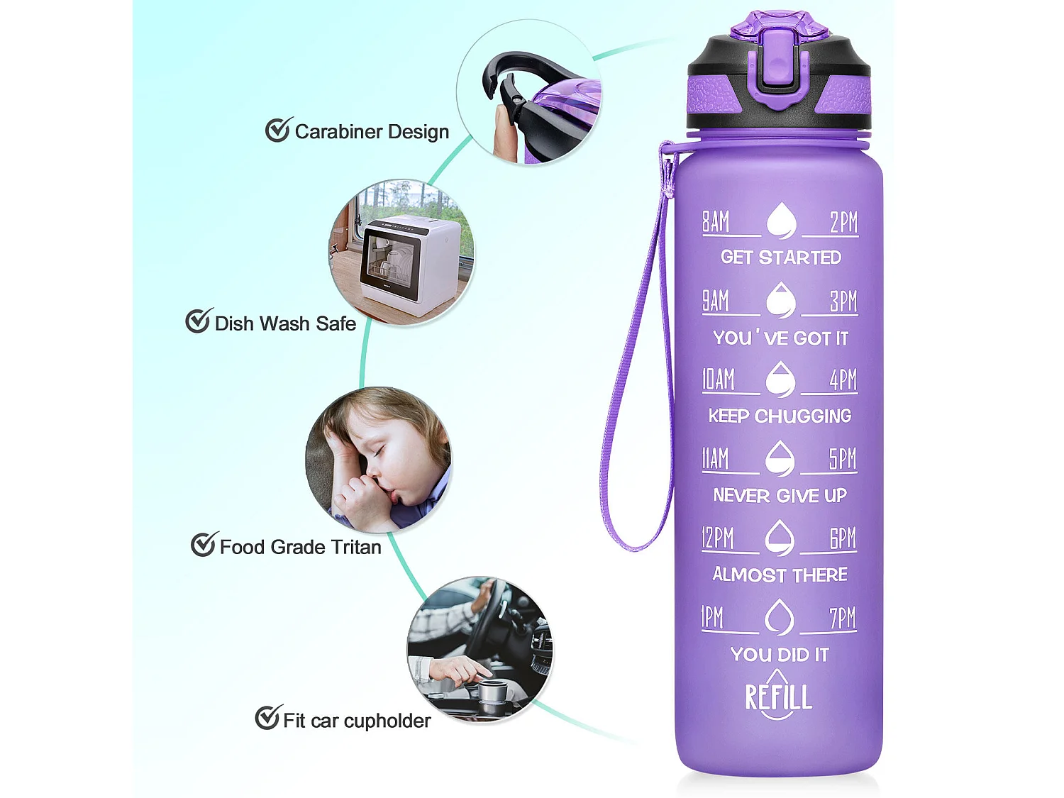 Gourde de Sport Bouteille d'eau 1000ml - ABS 100% sans BPA - violet