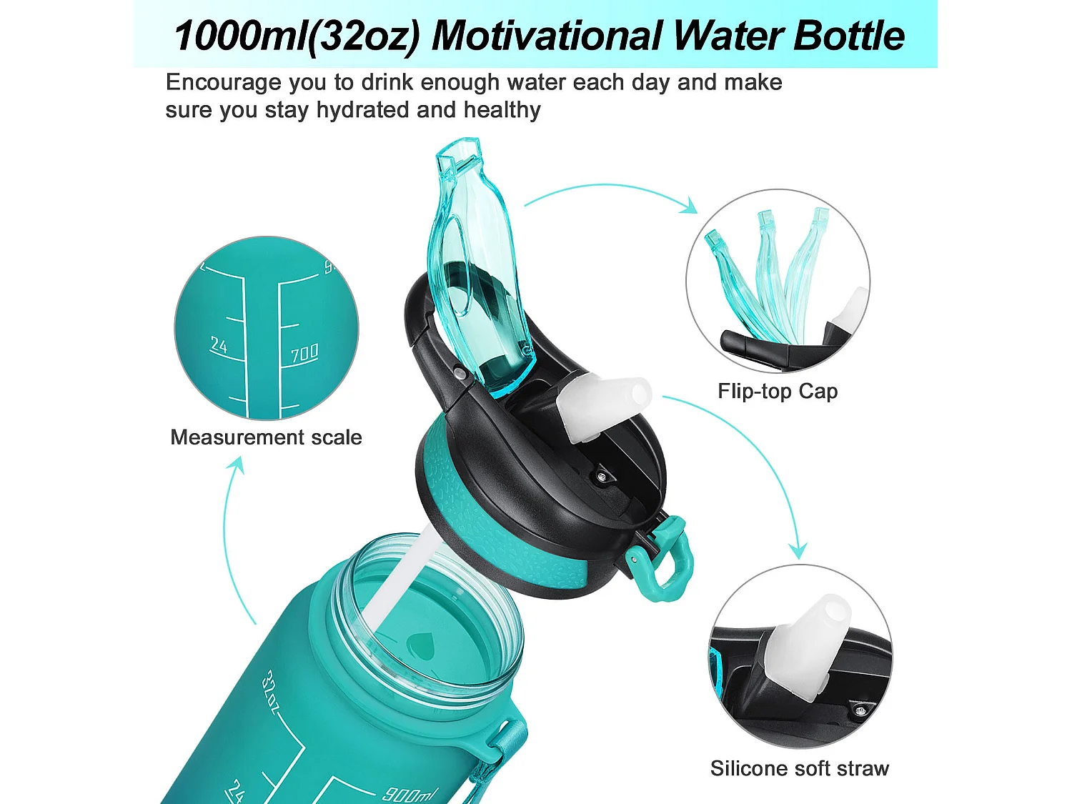 Gourde de Sport Bouteille d'eau 1000ml - ABS 100% sans BPA - vert foncé