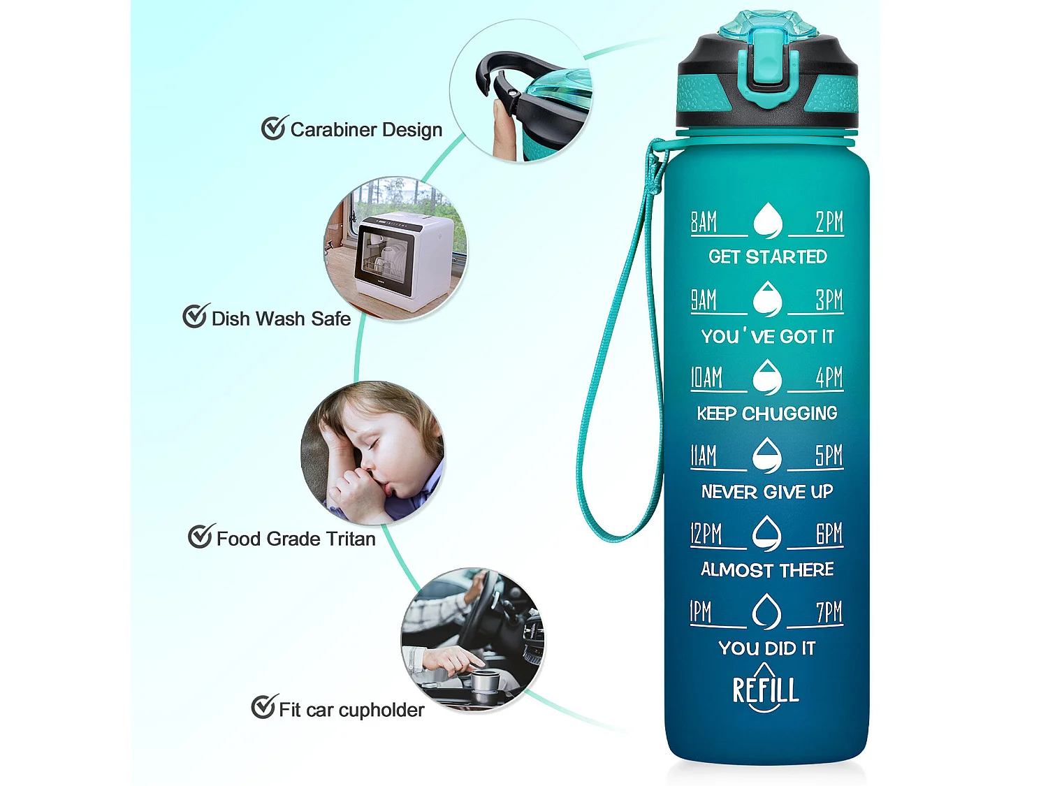 Gourde de Sport Bouteille d'eau 1000ml - ABS 100% sans BPA - vert foncé