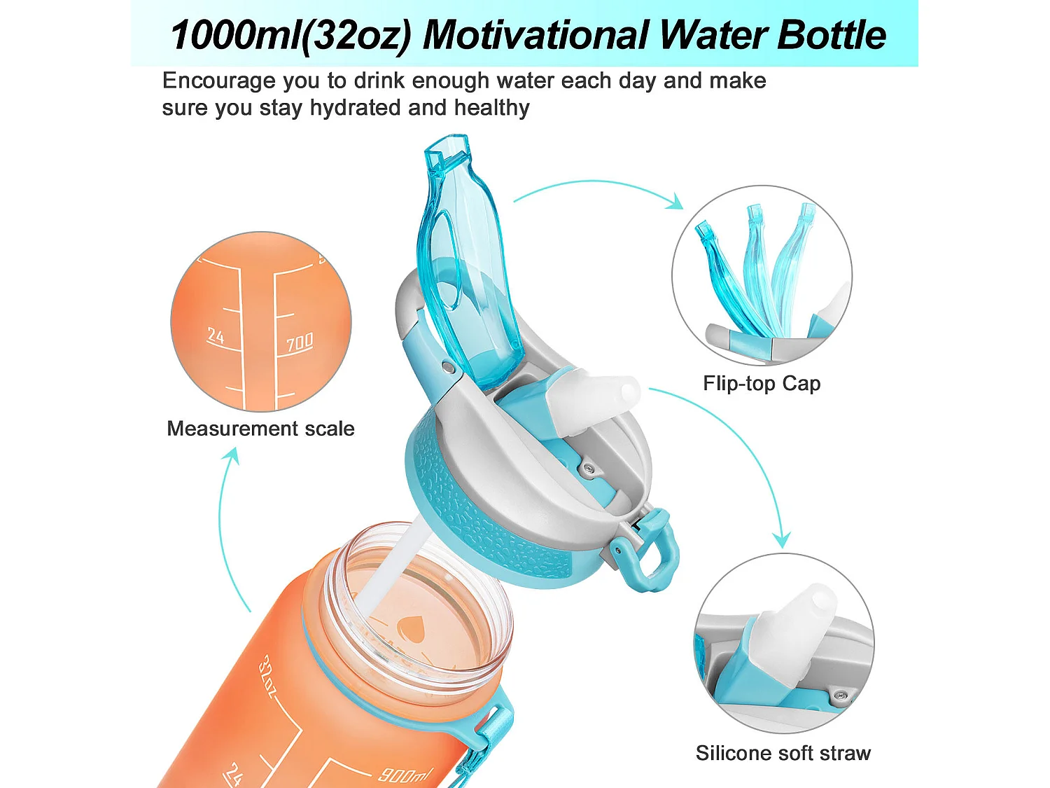 Gourde de Sport Bouteille d'eau 1000ml - ABS 100% sans BPA - orange et vert