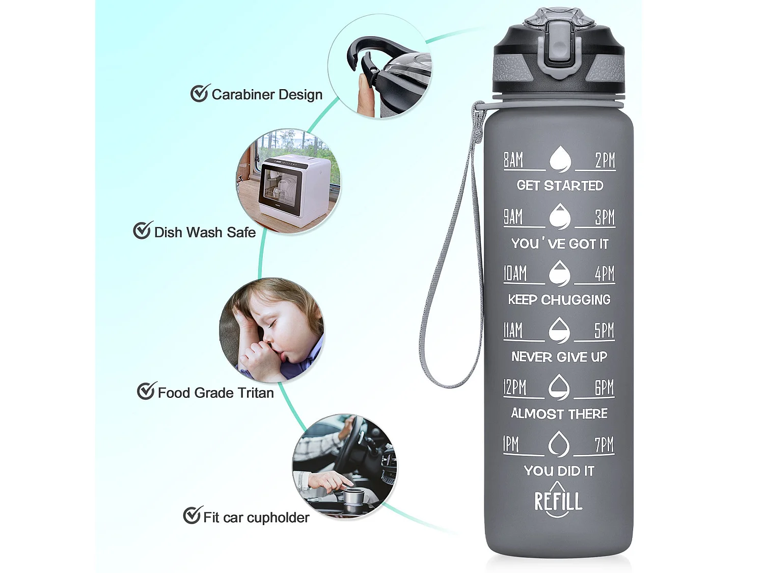 Gourde de Sport Bouteille d'eau 1000ml - ABS 100% sans BPA - gris