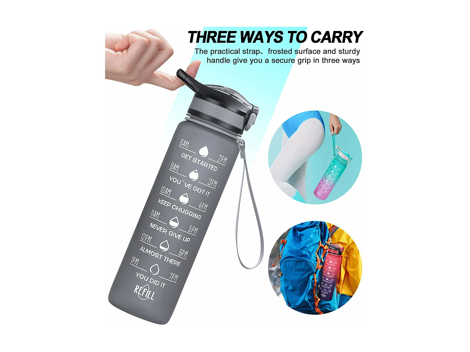 Gourde de Sport Bouteille d'eau 1000ml - ABS 100% sans BPA - gris