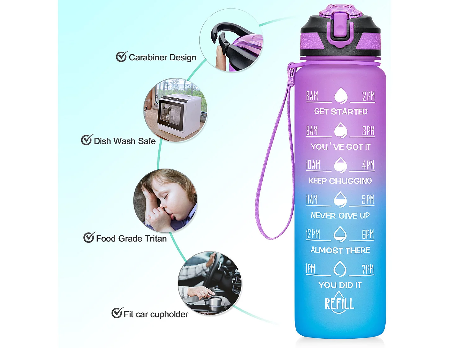 Gourde de Sport Bouteille d'eau 1000ml - ABS 100% sans BPA - violet et bleu