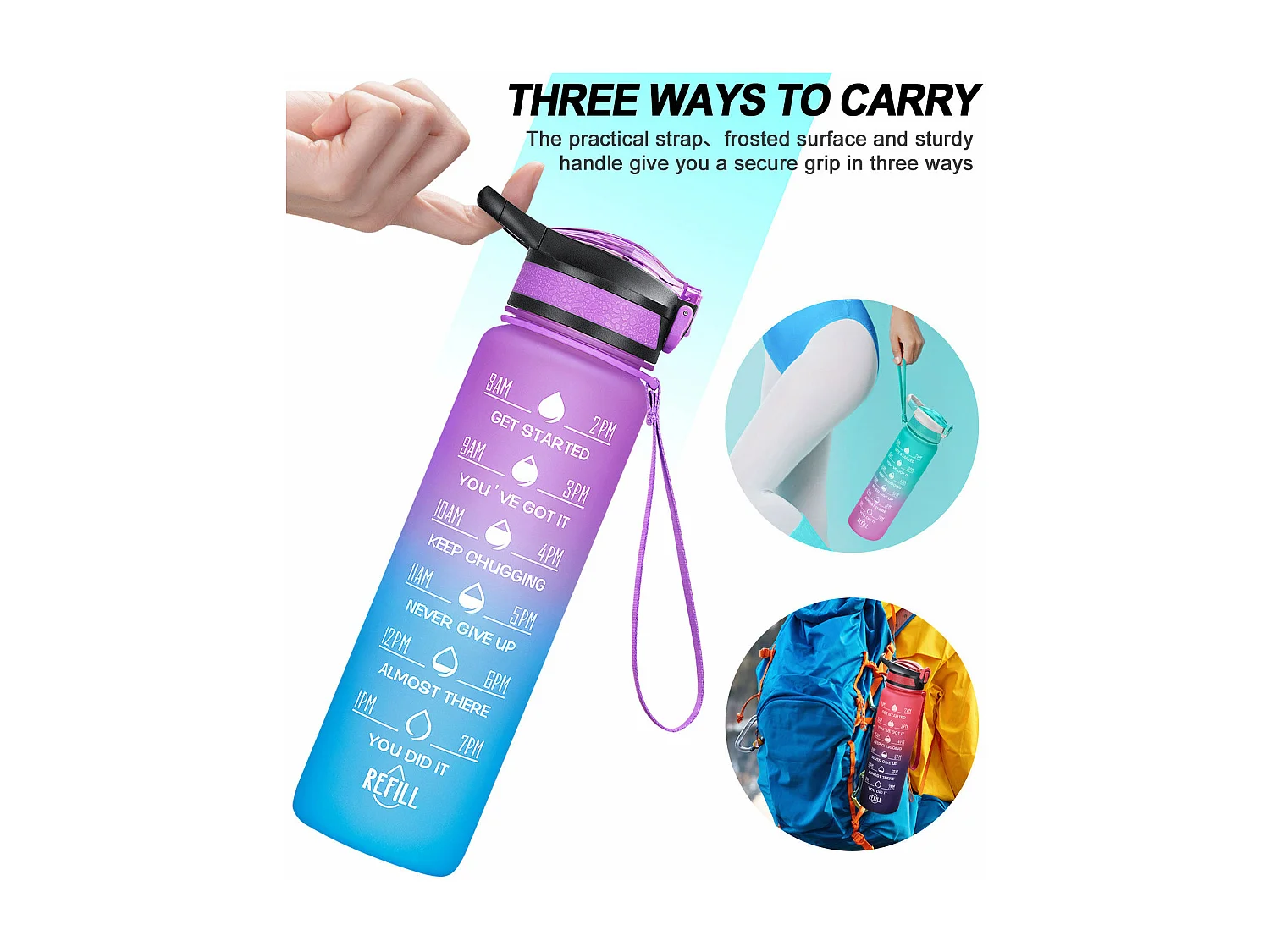 Gourde de Sport Bouteille d'eau 1000ml - ABS 100% sans BPA - violet et bleu