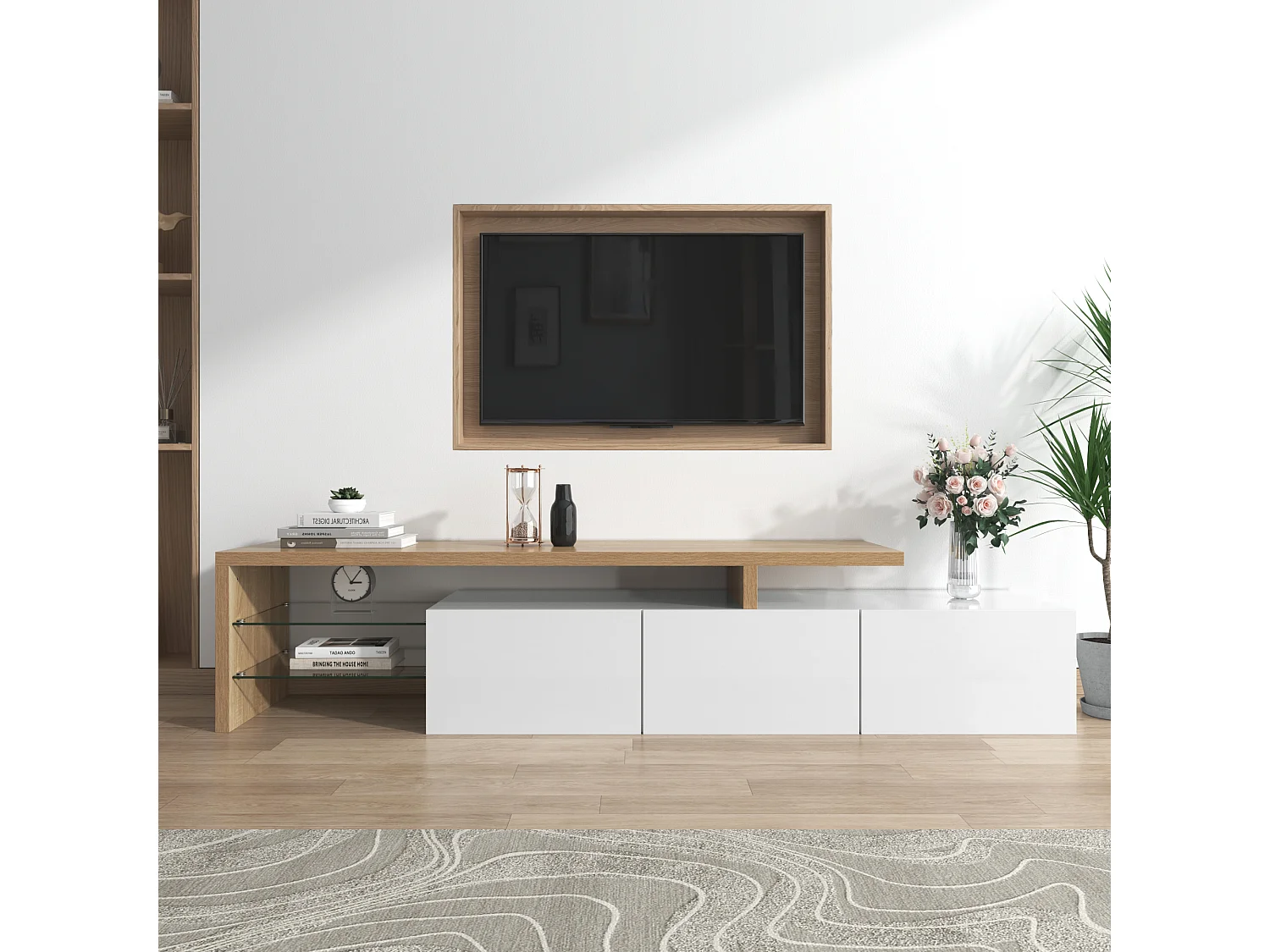 Mueble TV 197,5x39x42 cm brillante y moderno con LED y estantes de cristal - Blanco