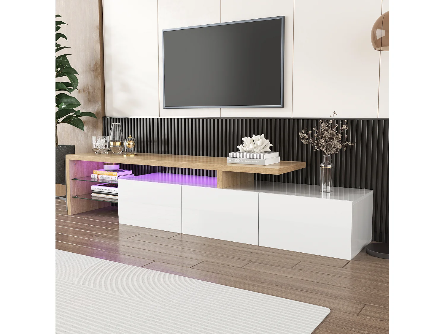 Mueble TV 197,5x39x42 cm brillante y moderno con LED y estantes de cristal - Blanco