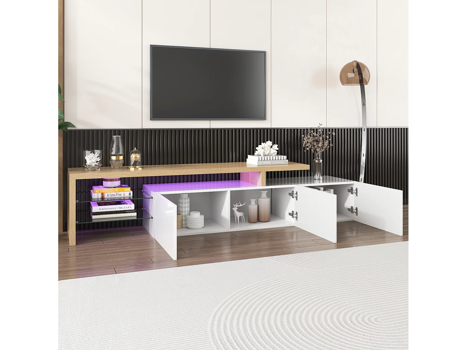 Mueble TV 197,5x39x42 cm brillante y moderno con LED y estantes de cristal - Blanco