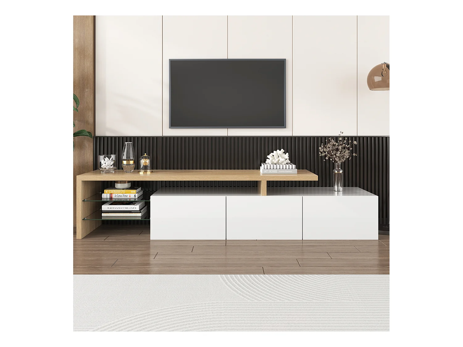 Meuble TV blanc 3 portes et étagères en verre, éclairage LED - aspect bois