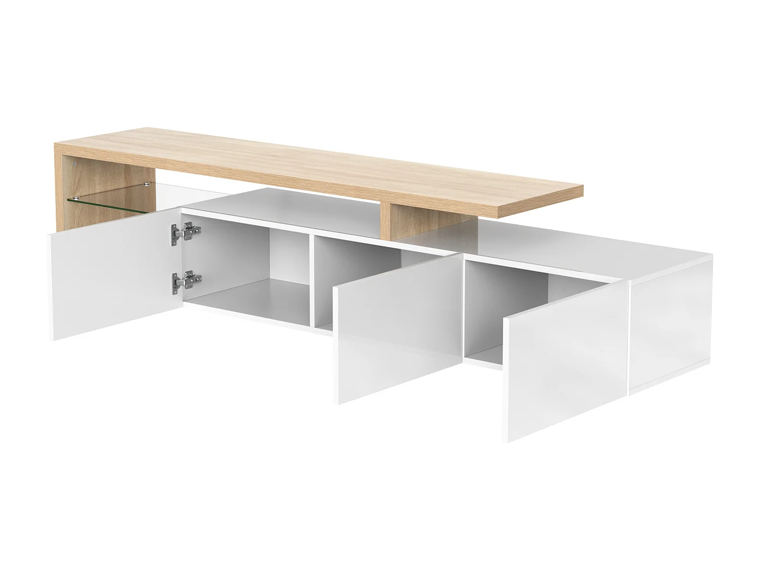 Meuble TV blanc 3 portes et étagères en verre, éclairage LED - aspect bois