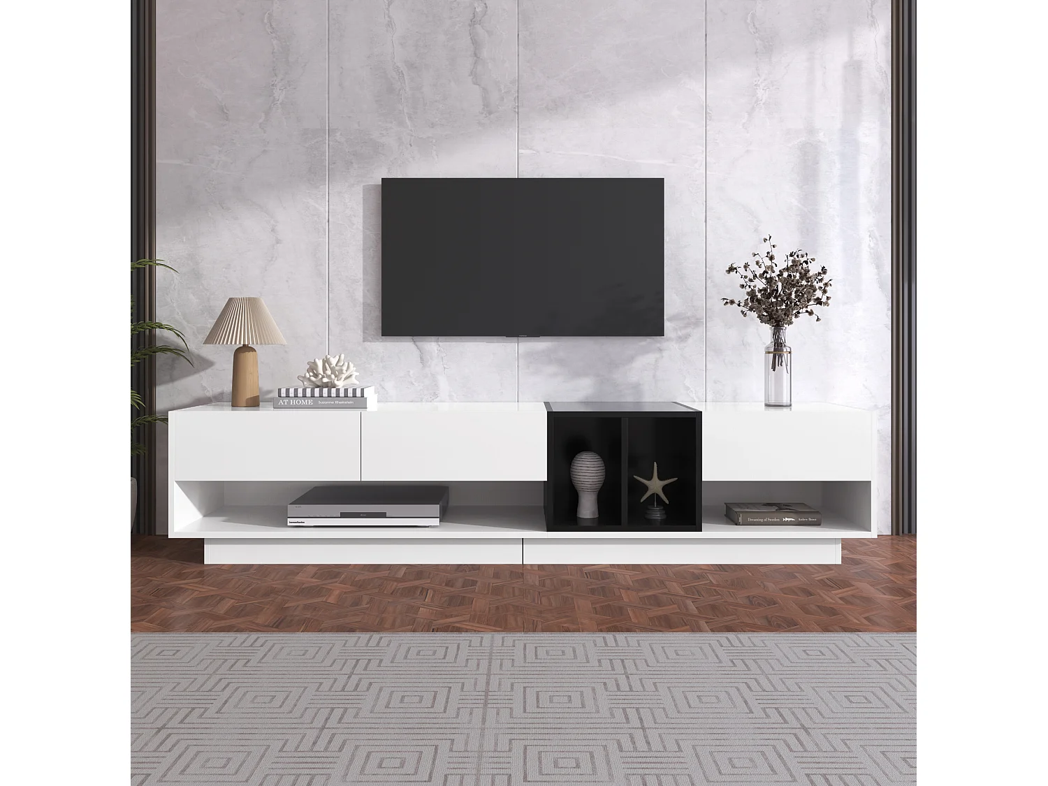 Meuble TV noir et blanc avec 3 tiroirs et compartiments de rangement ouverts - pour salon et chambre