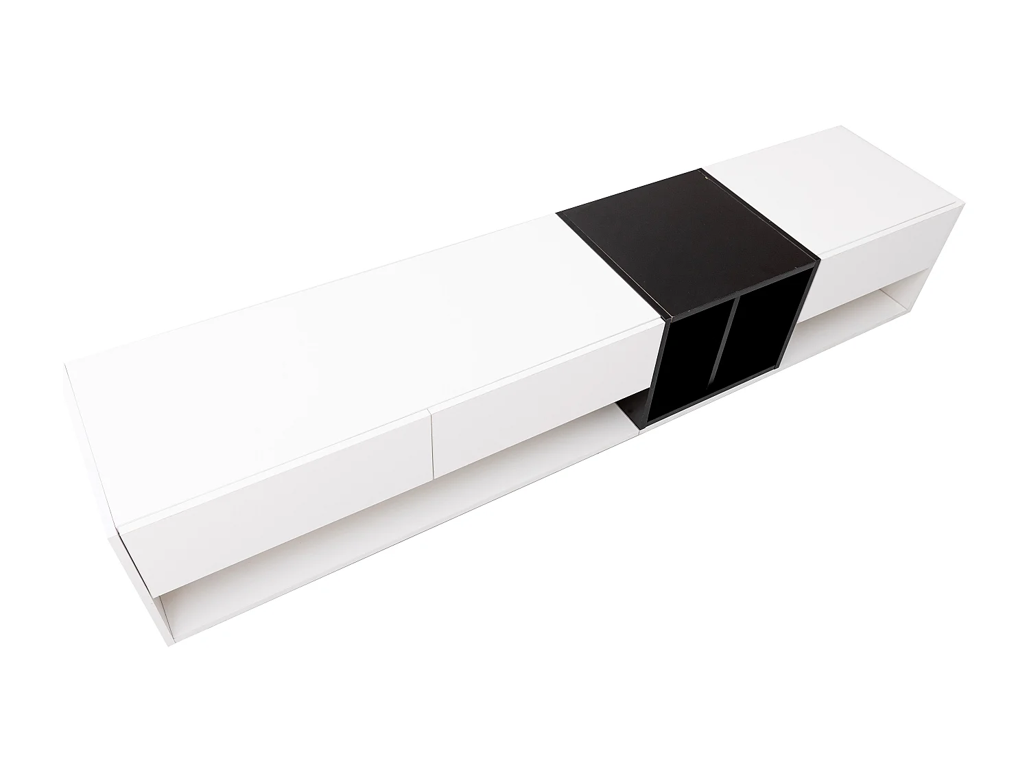 Meuble TV noir et blanc avec 3 tiroirs et compartiments de rangement ouverts - pour salon et chambre