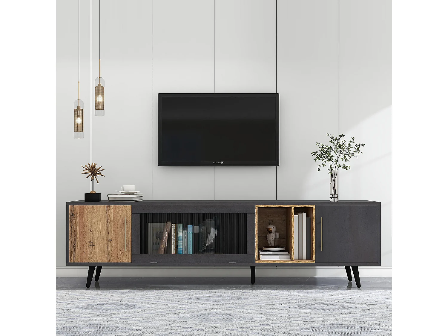 Meuble TV 200x40x55.5 cm adapté à un téléviseur de 90 pouces en MDF - Gris et Naturel