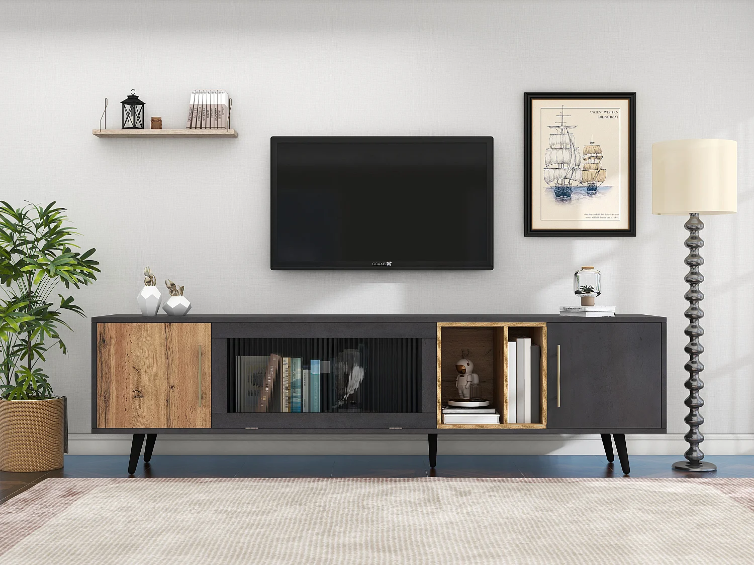 Meuble TV 200x40x55.5 cm adapté à un téléviseur de 90 pouces en MDF - Gris et Naturel