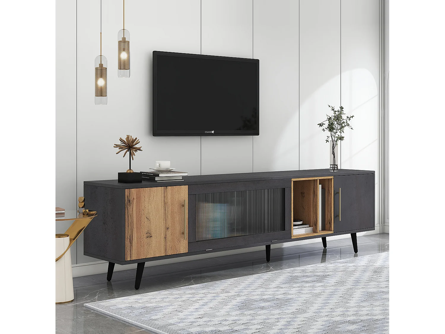 Meuble TV 200x40x55.5 cm adapté à un téléviseur de 90 pouces en MDF - Gris et Naturel