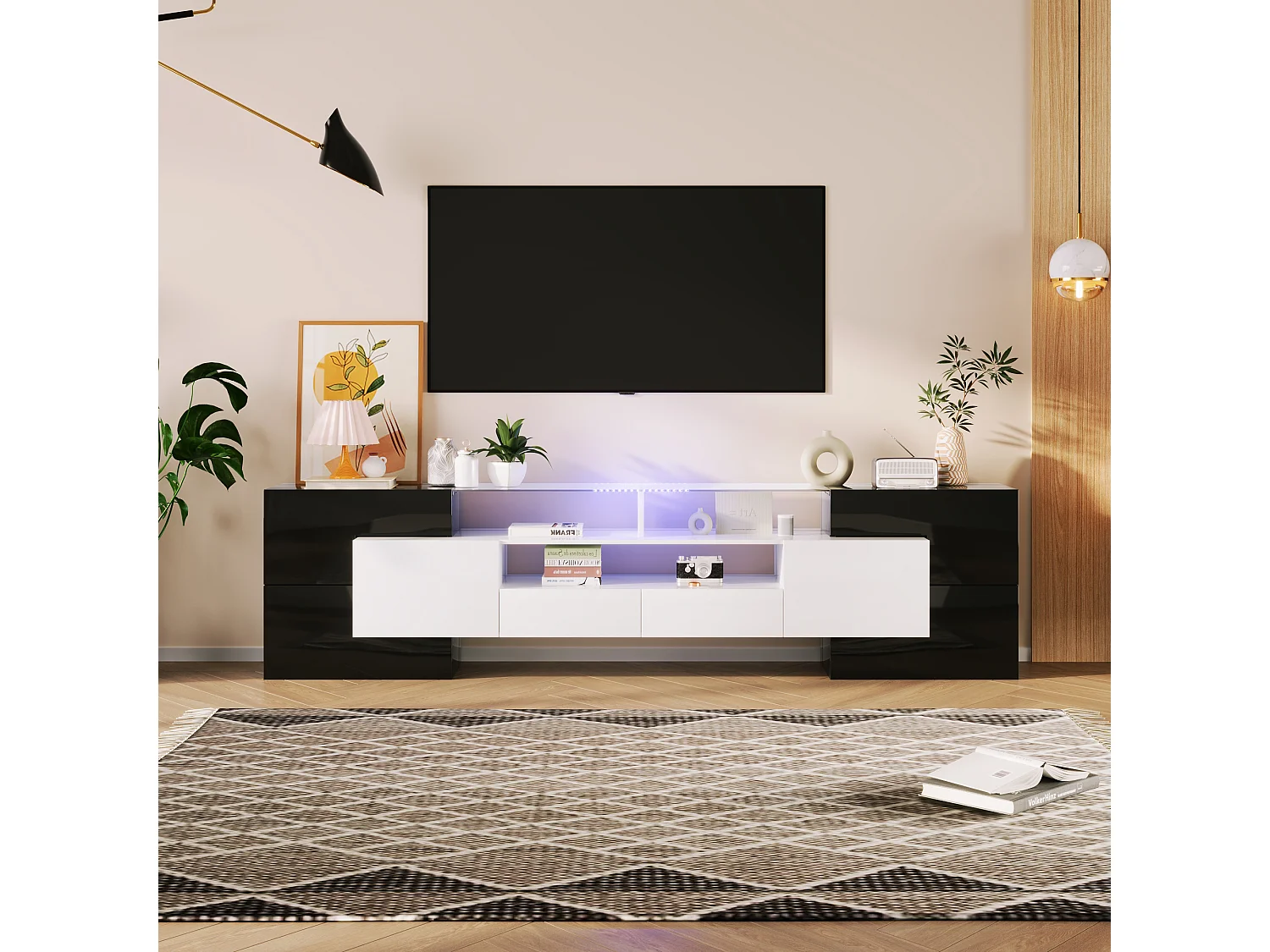 Mueble TV moderno 200x30x60,7 cm con superficie de cristal e iluminación LED - Blanco y negro