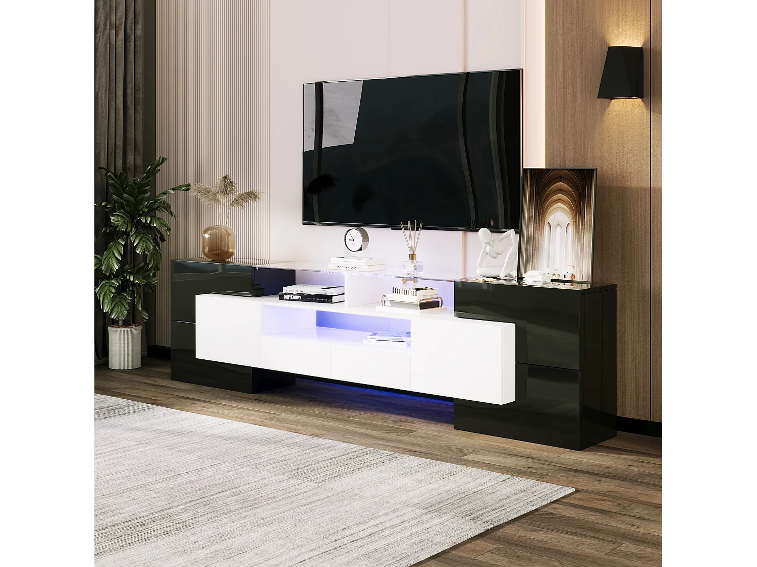 Mueble TV moderno 200x30x60,7 cm con superficie de cristal e iluminación LED - Blanco y negro