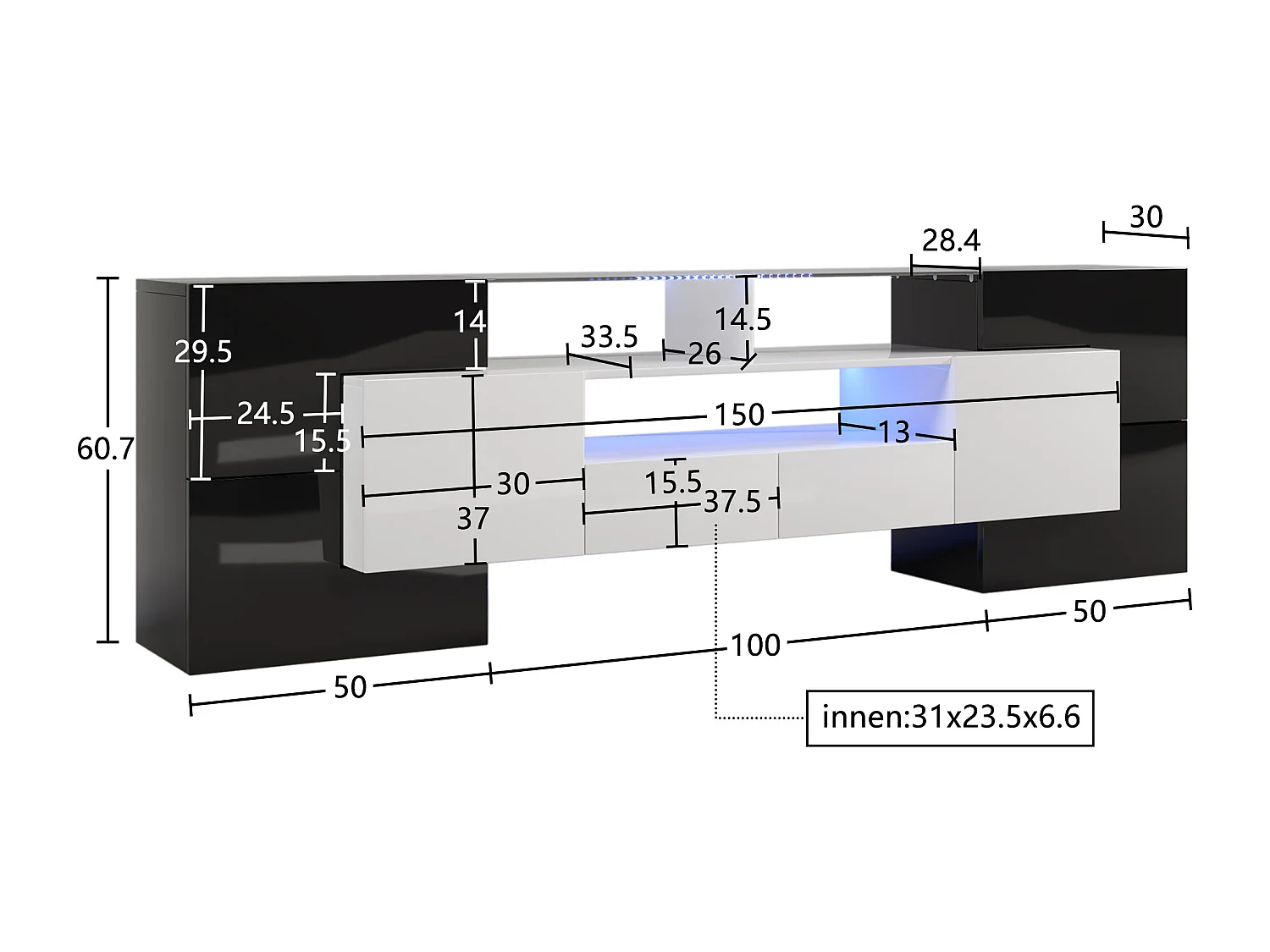 Mueble TV moderno 200x30x60,7 cm con superficie de cristal e iluminación LED - Blanco y negro