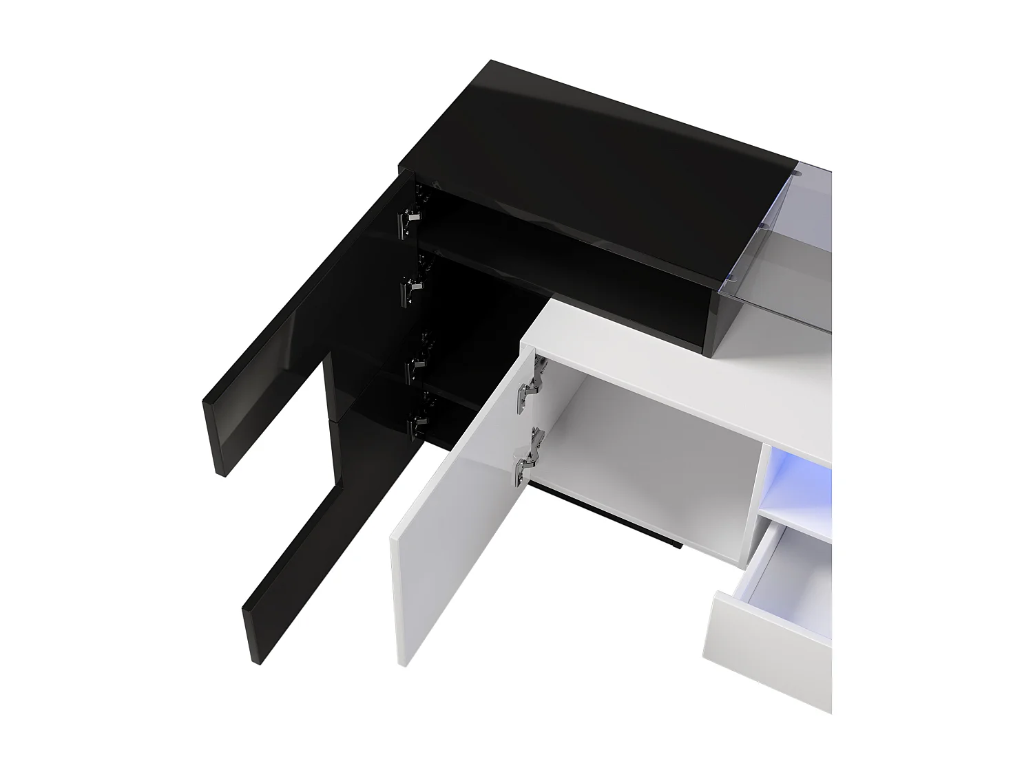 Mueble TV moderno 200x30x60,7 cm con superficie de cristal e iluminación LED - Blanco y negro