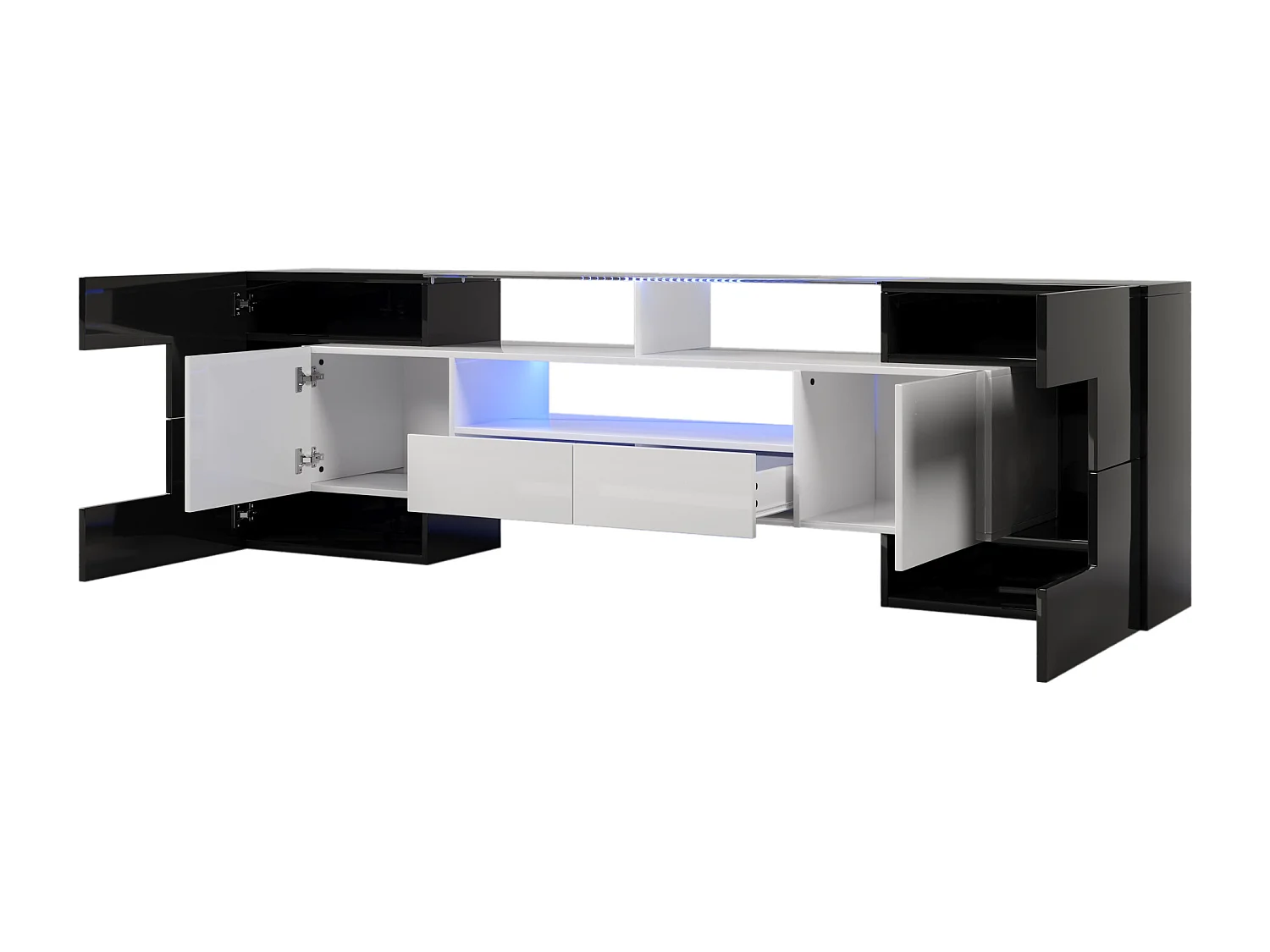 Meuble TV 200 cm avec 4 portes et 2 tiroirs, éclairage LED - noir et blanc brillant