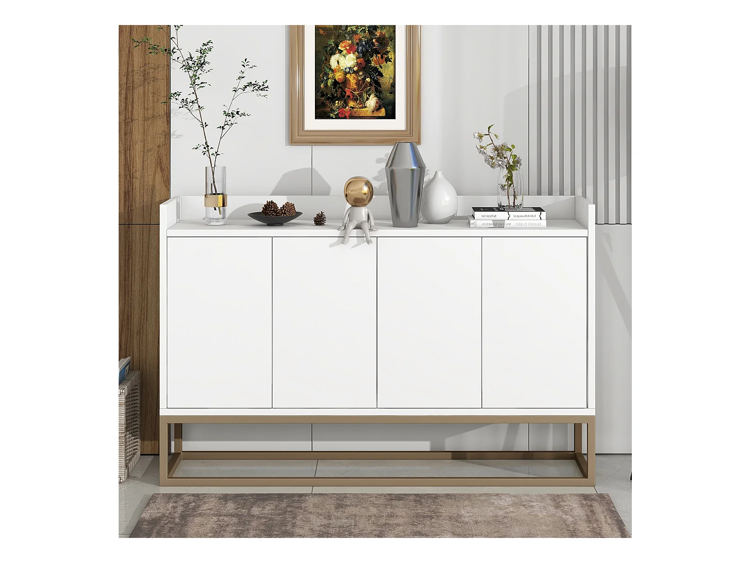 Buffet blanc avec 4 portes et étagères de rangement - 120x30x80 cm