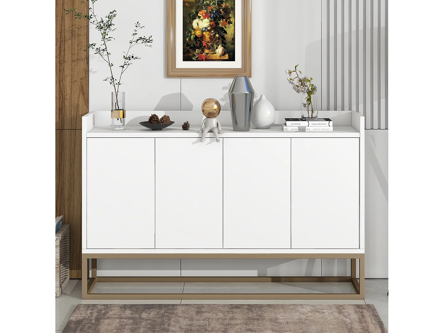 Buffet blanc avec 4 portes et étagères de rangement - 120x30x80 cm