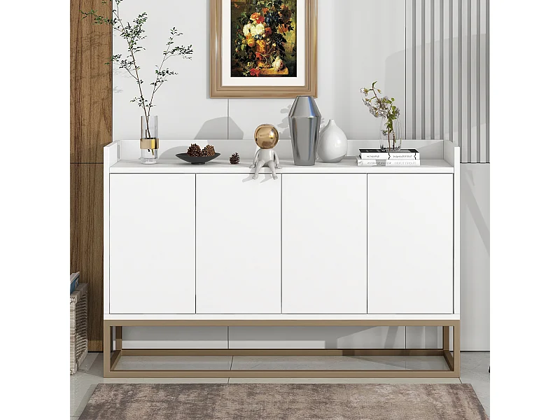 Buffet blanc avec 4 portes et étagères de rangement - 120x30x80 cm
