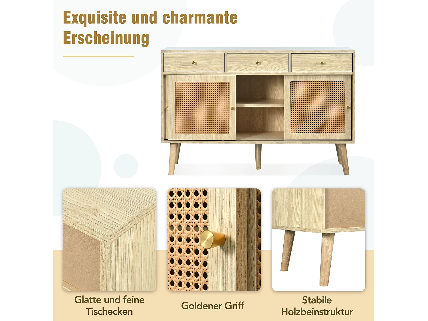 Cómoda aparador alto 120x40x78 cm con 3 puertas correderas y 3 cajones en MDF - Natural Claro