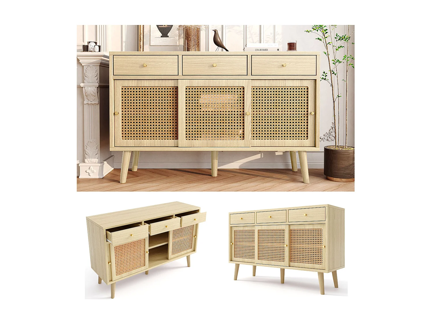 Cómoda aparador alto 120x40x78 cm con 3 puertas correderas y 3 cajones en MDF - Natural Claro