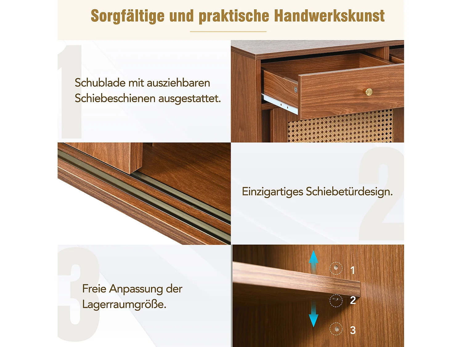 Cassettiera madia alta 120x40x78 cm con 3 ante scorrevoli e 3 cassetti in MDF - Naturale scuro