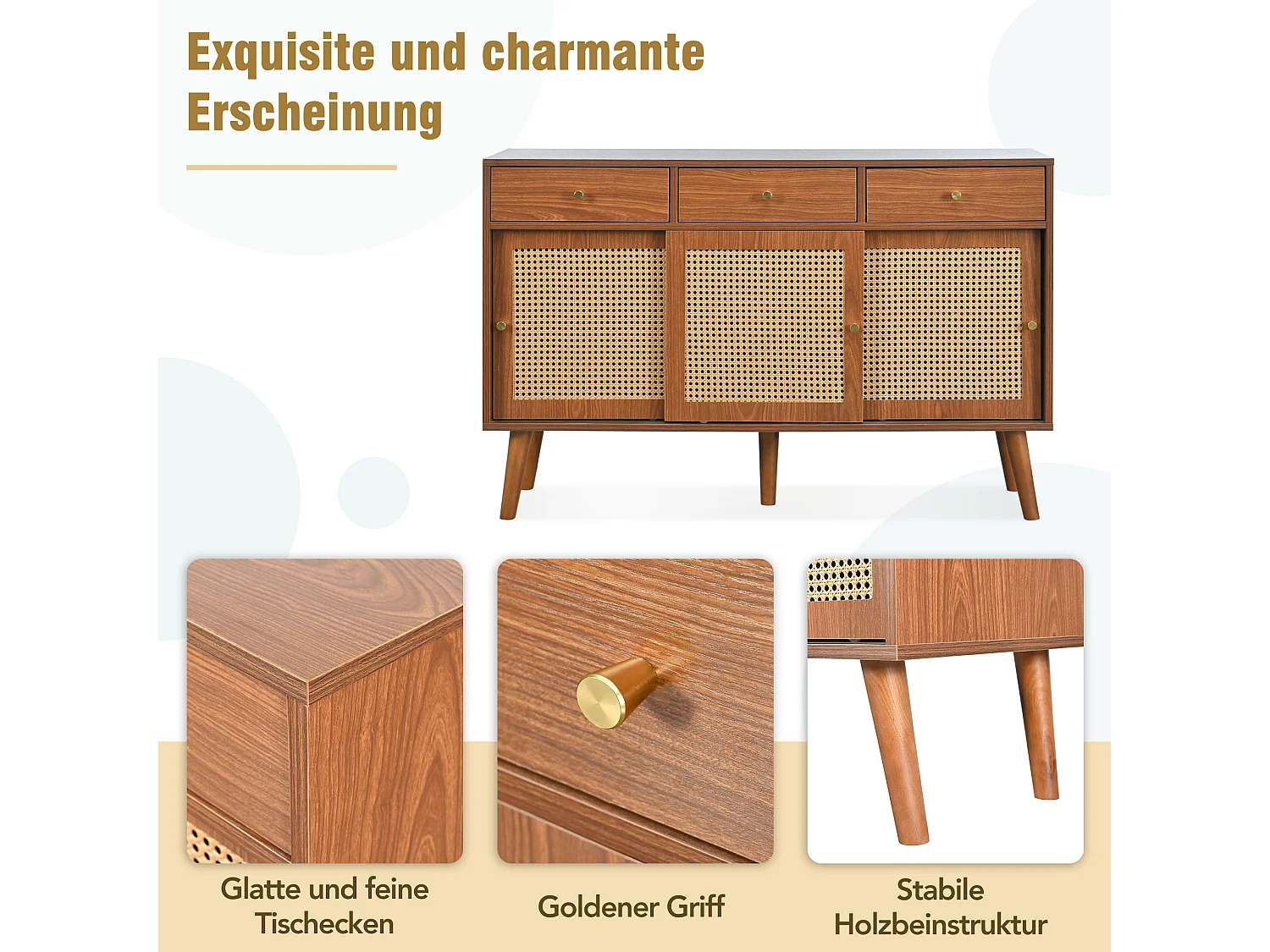 Cassettiera madia alta 120x40x78 cm con 3 ante scorrevoli e 3 cassetti in MDF - Naturale scuro