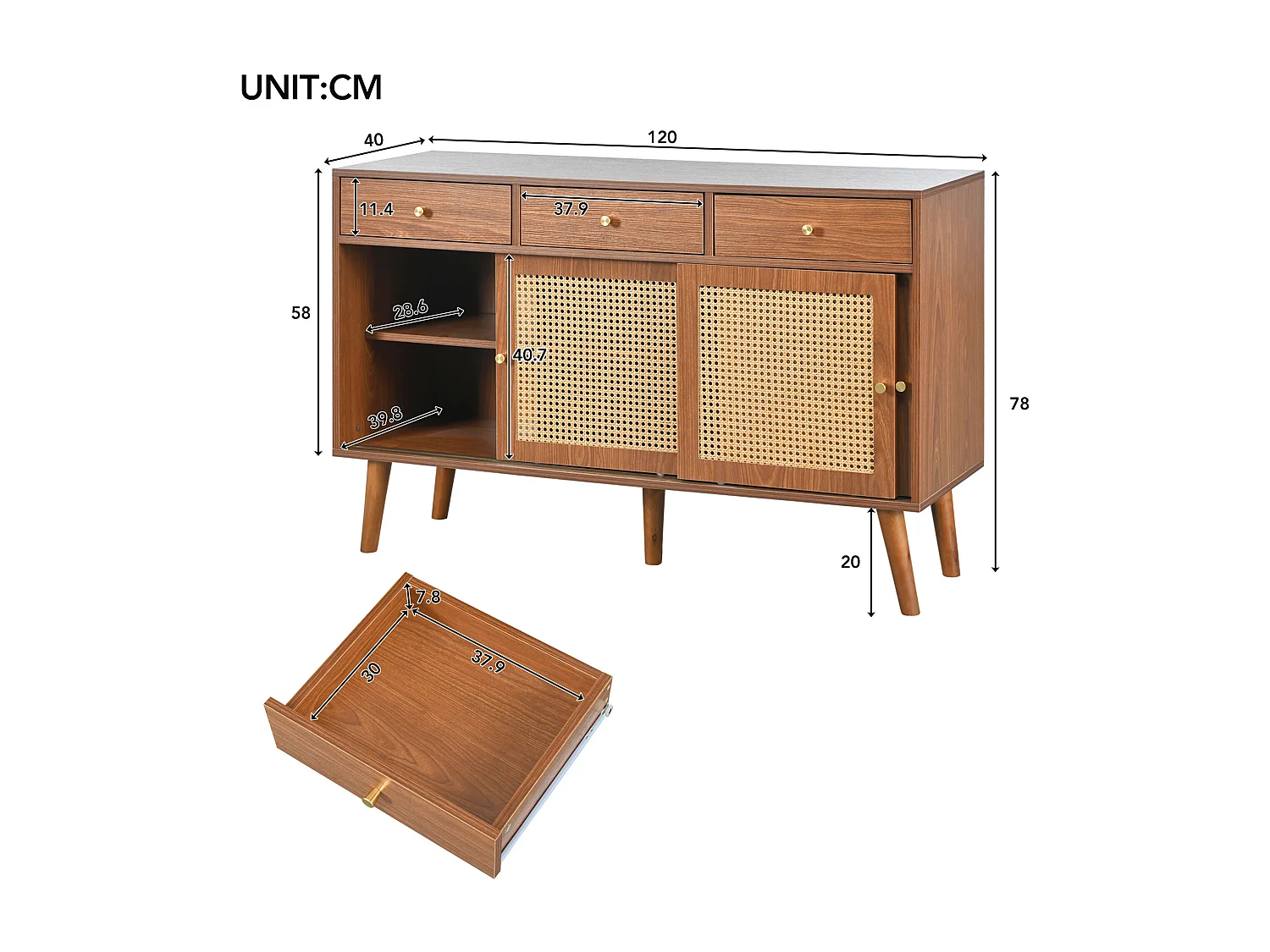 Cassettiera madia alta 120x40x78 cm con 3 ante scorrevoli e 3 cassetti in MDF - Naturale scuro