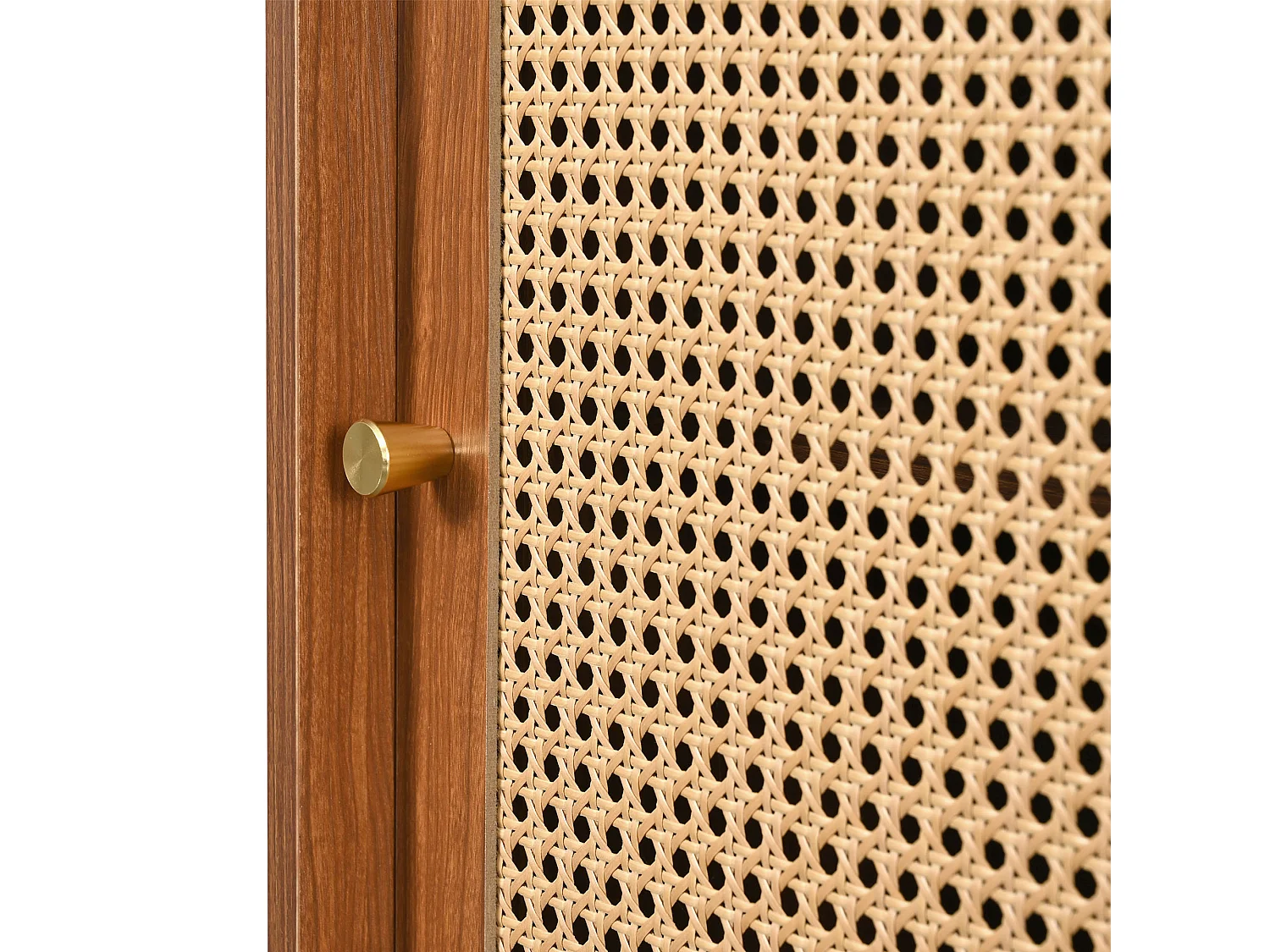 Eikenhouten dressoir met 3 lades en 3 rotan deuren, gouden handgrepen, houten poten - voor woonkamer of slaapkamer