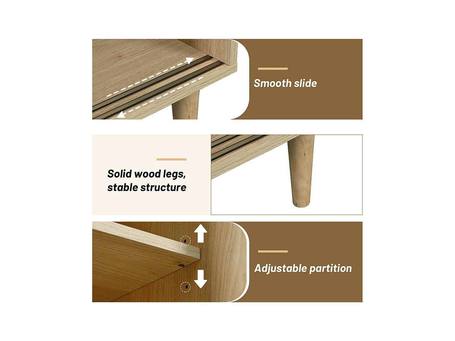 Aparador de madera Cajonera 60x40x100 cm con puertas de ratán de plástico y puertas correderas de cristal - Natural