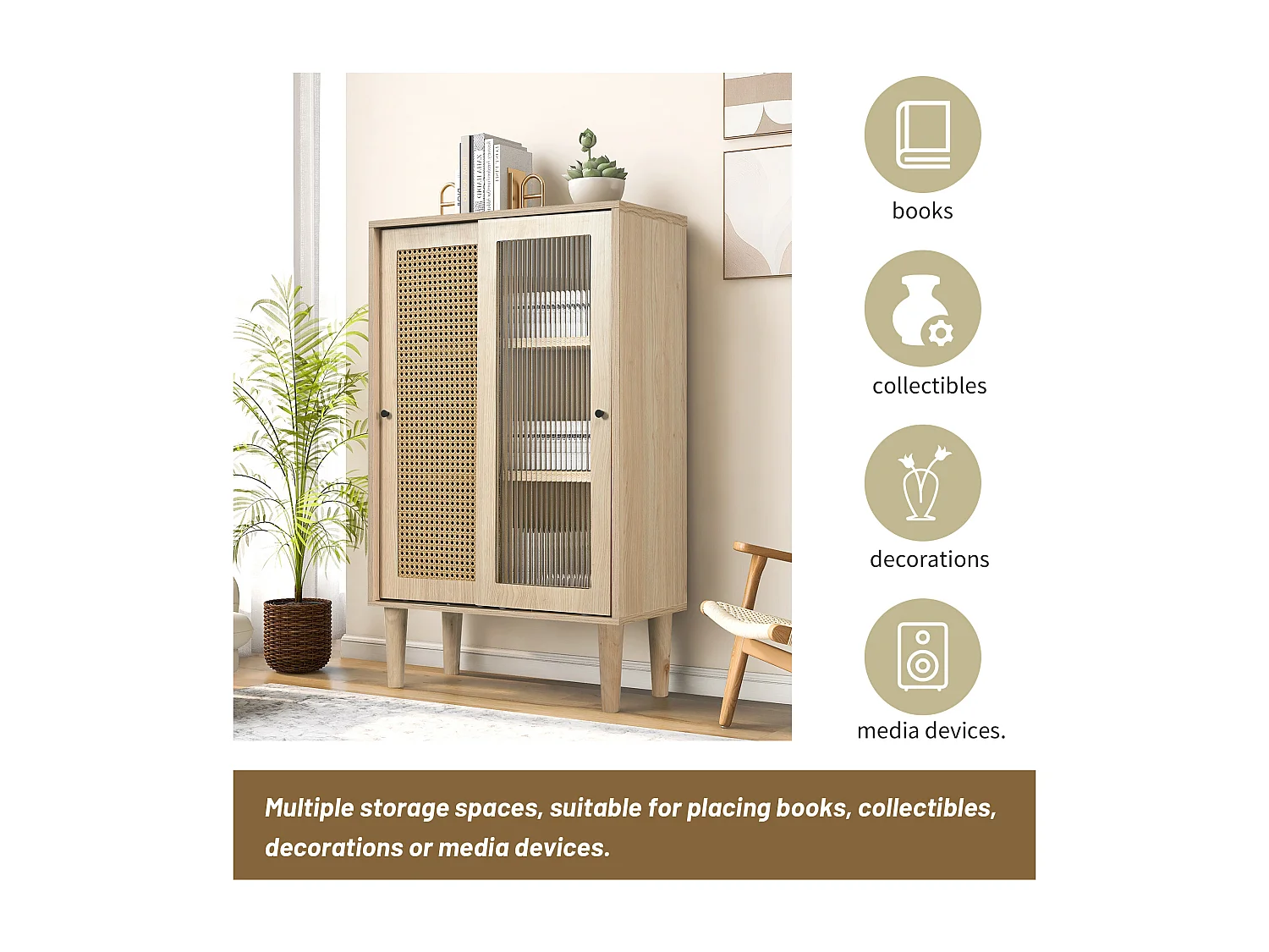 Aparador de madera Cajonera 60x40x100 cm con puertas de ratán de plástico y puertas correderas de cristal - Natural