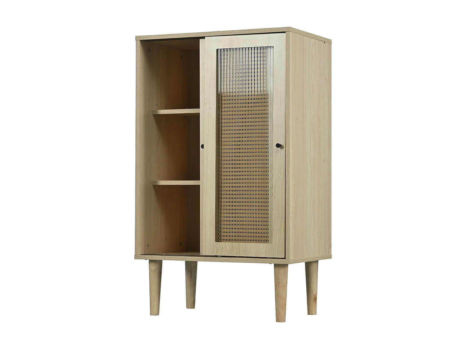 Aparador de madera Cajonera 60x40x100 cm con puertas de ratán de plástico y puertas correderas de cristal - Natural