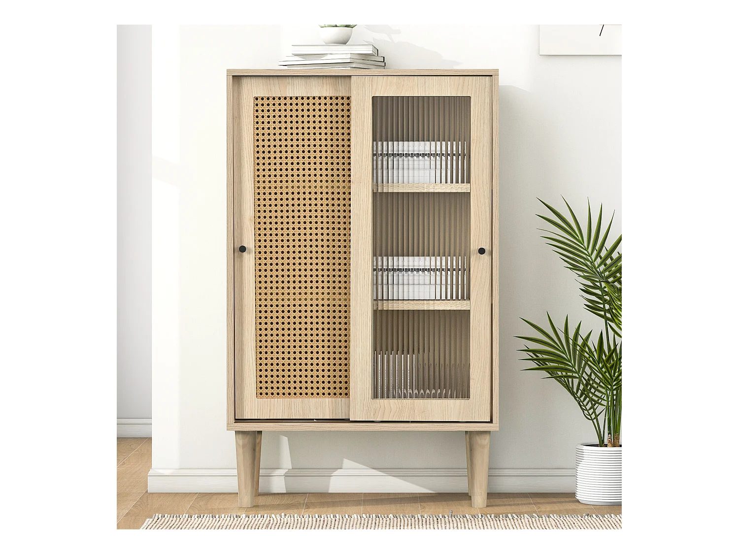 Buffet en bois avec portes en rotin et portes coulissantes en verre - 60x40x100 cm