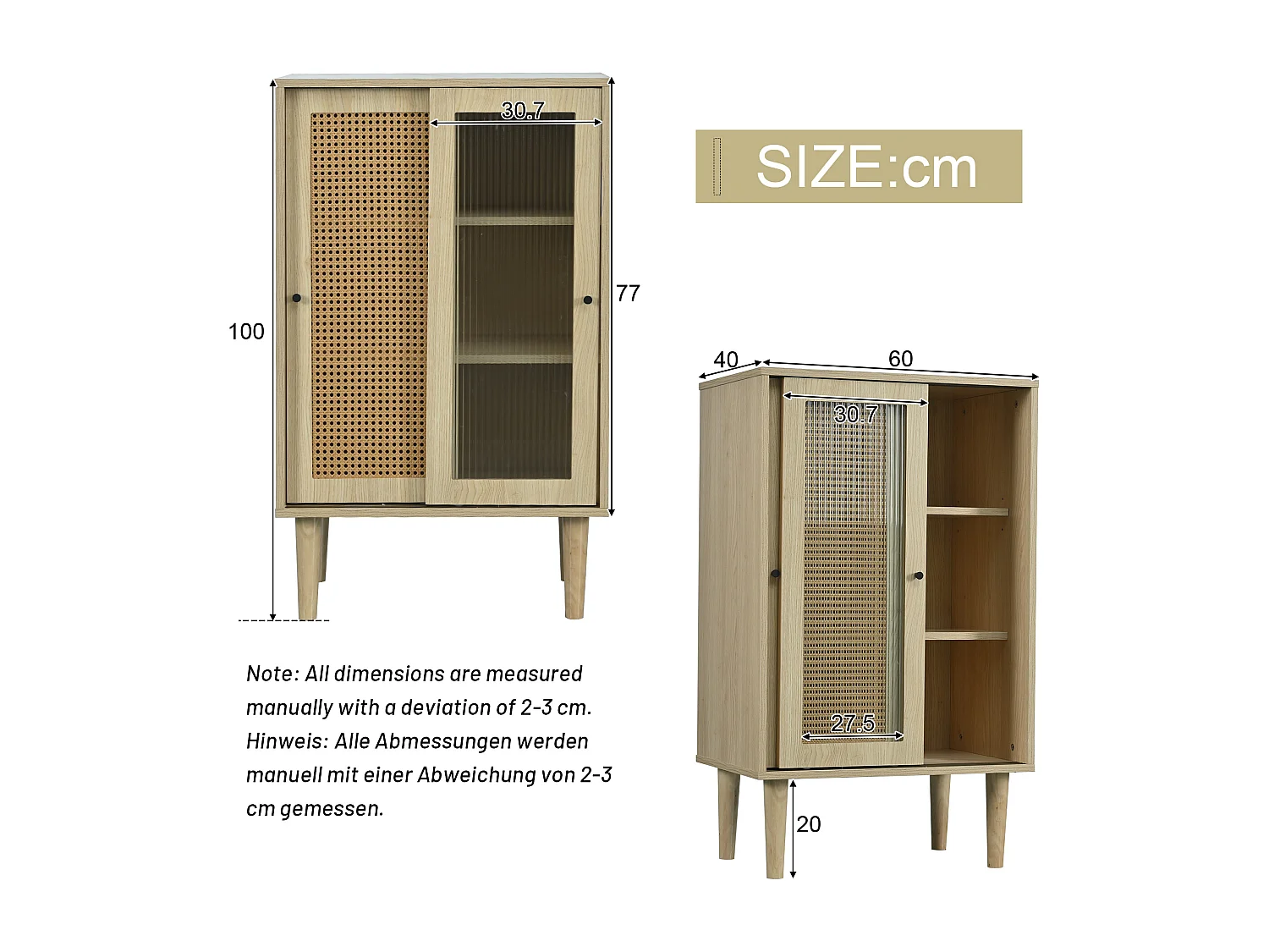 Buffet en bois avec portes en rotin et portes coulissantes en verre - 60x40x100 cm