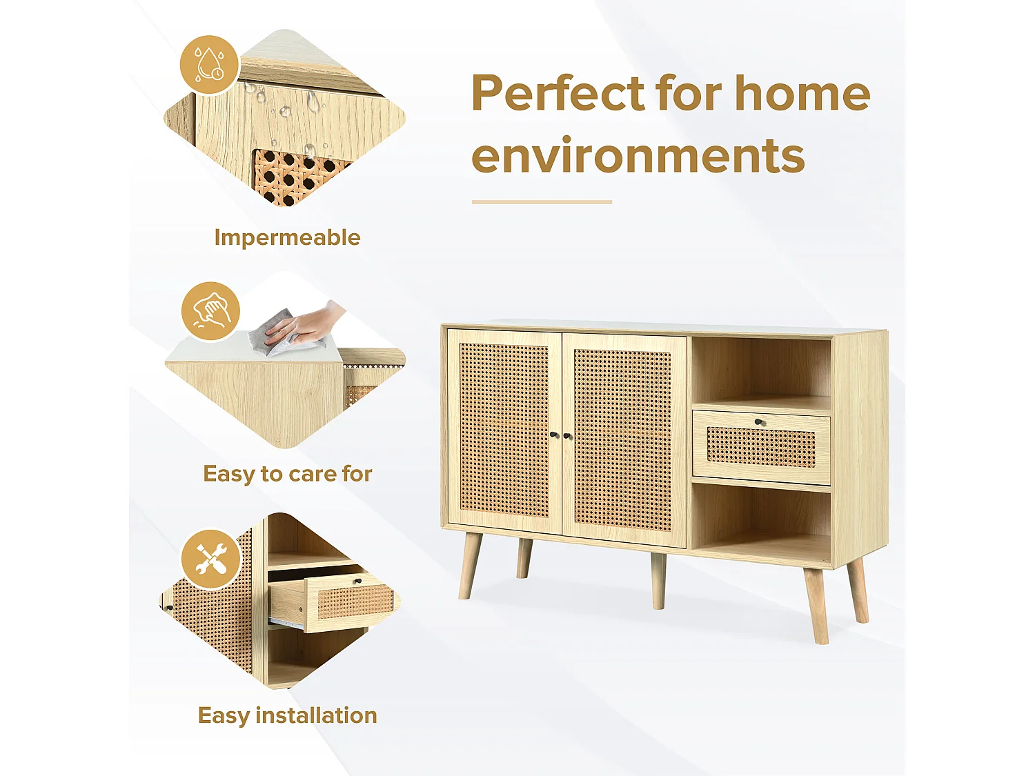 Orzechowa komoda z 3 szufladami i 3 drzwiami z rattanu, złote uchwyty, drewniane nogi - do salonu lub sypialni