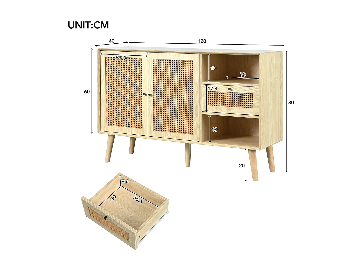 Orzechowa komoda z 3 szufladami i 3 drzwiami z rattanu, złote uchwyty, drewniane nogi - do salonu lub sypialni