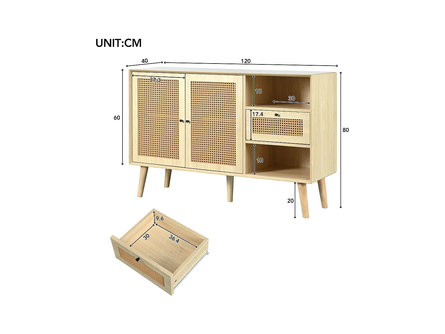Buffet naturel avec 2 portes en rotin et 1 tiroirs en MDF - 120x40x80 cm