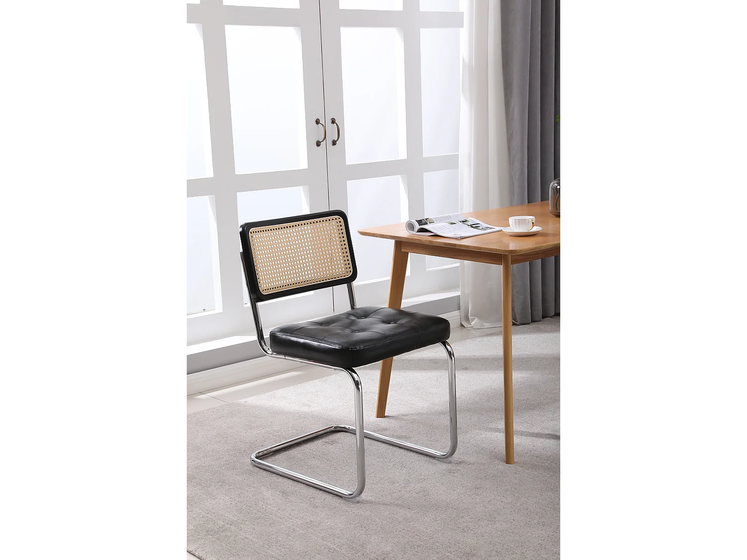 Lot de 2 Chaises de salle à manger en rotin et cuir avec pieds en métal - Noir