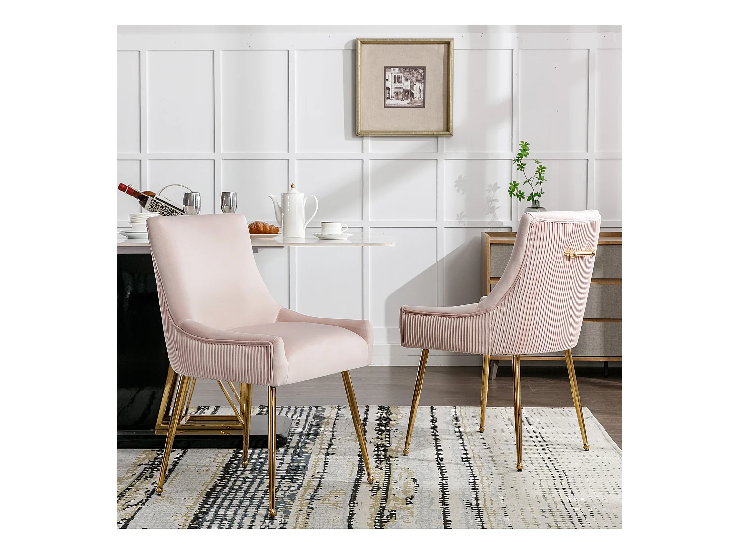 Lot de 4 Chaises de salle à manger rembourré pieds en Métal Doré - Rose