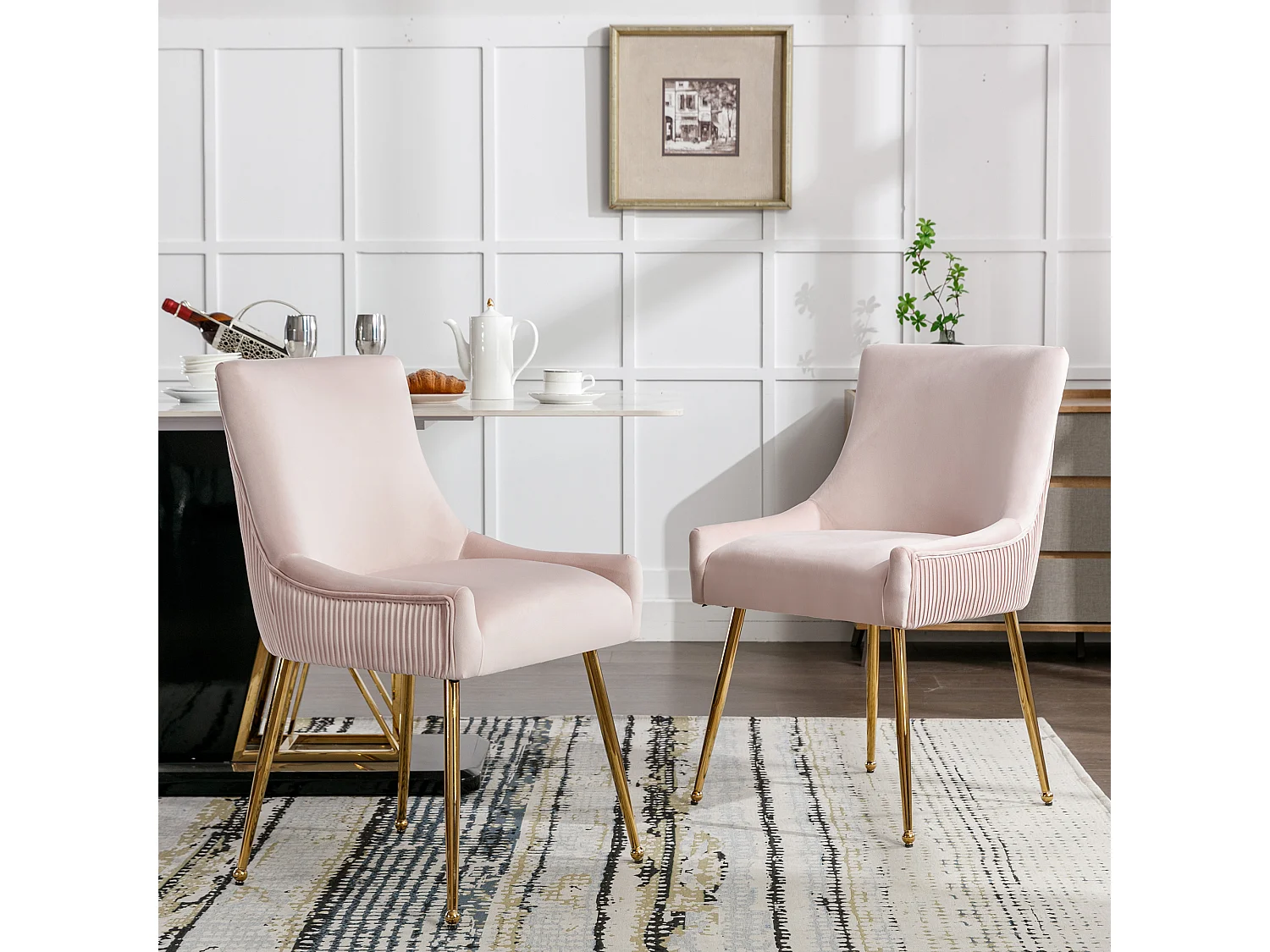 Lot de 4 Chaises de salle à manger rembourré pieds en Métal Doré - Rose