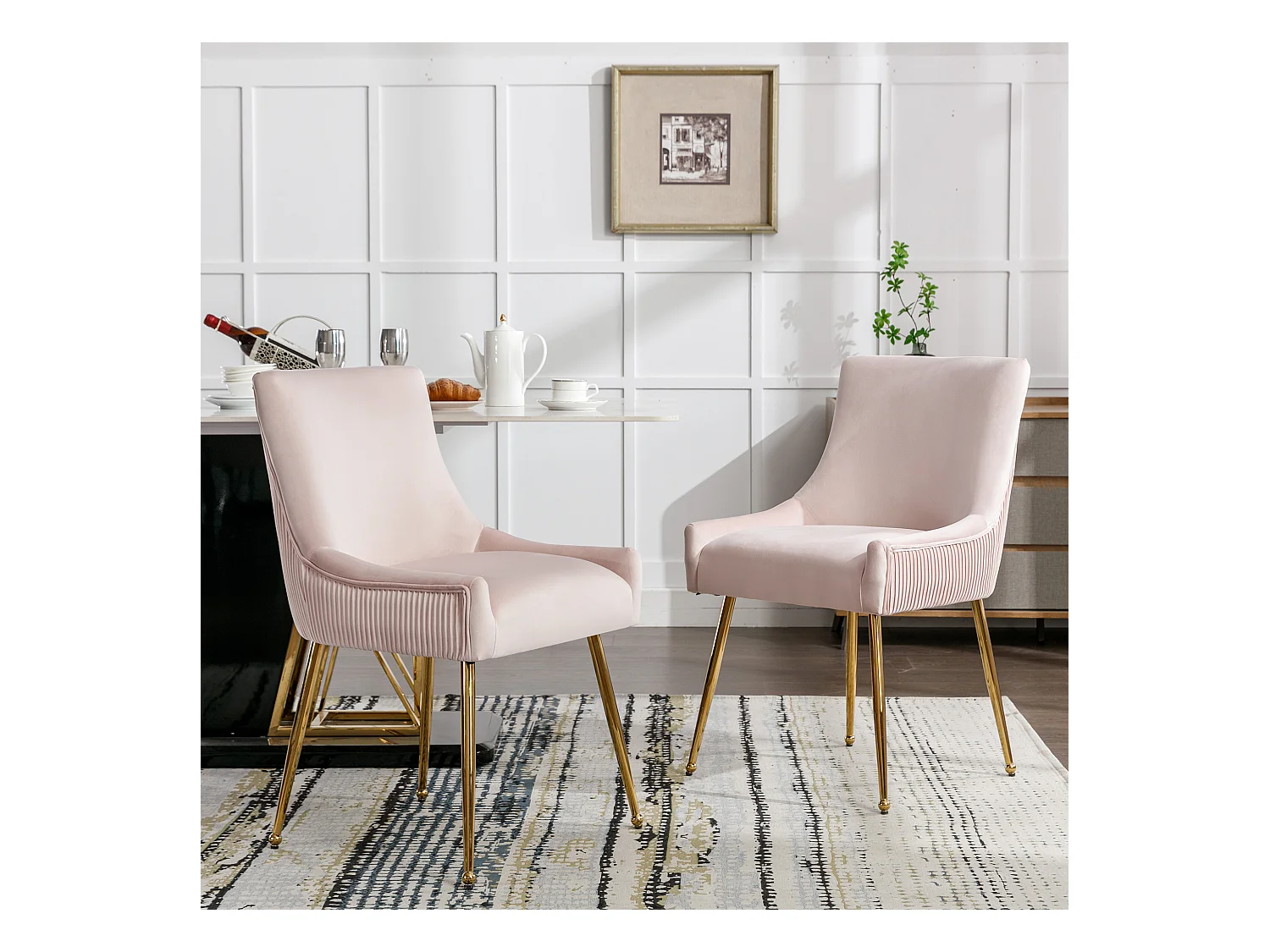 Lot de 2 Chaises de salle à manger rembourré pieds en Métal Doré - Rose