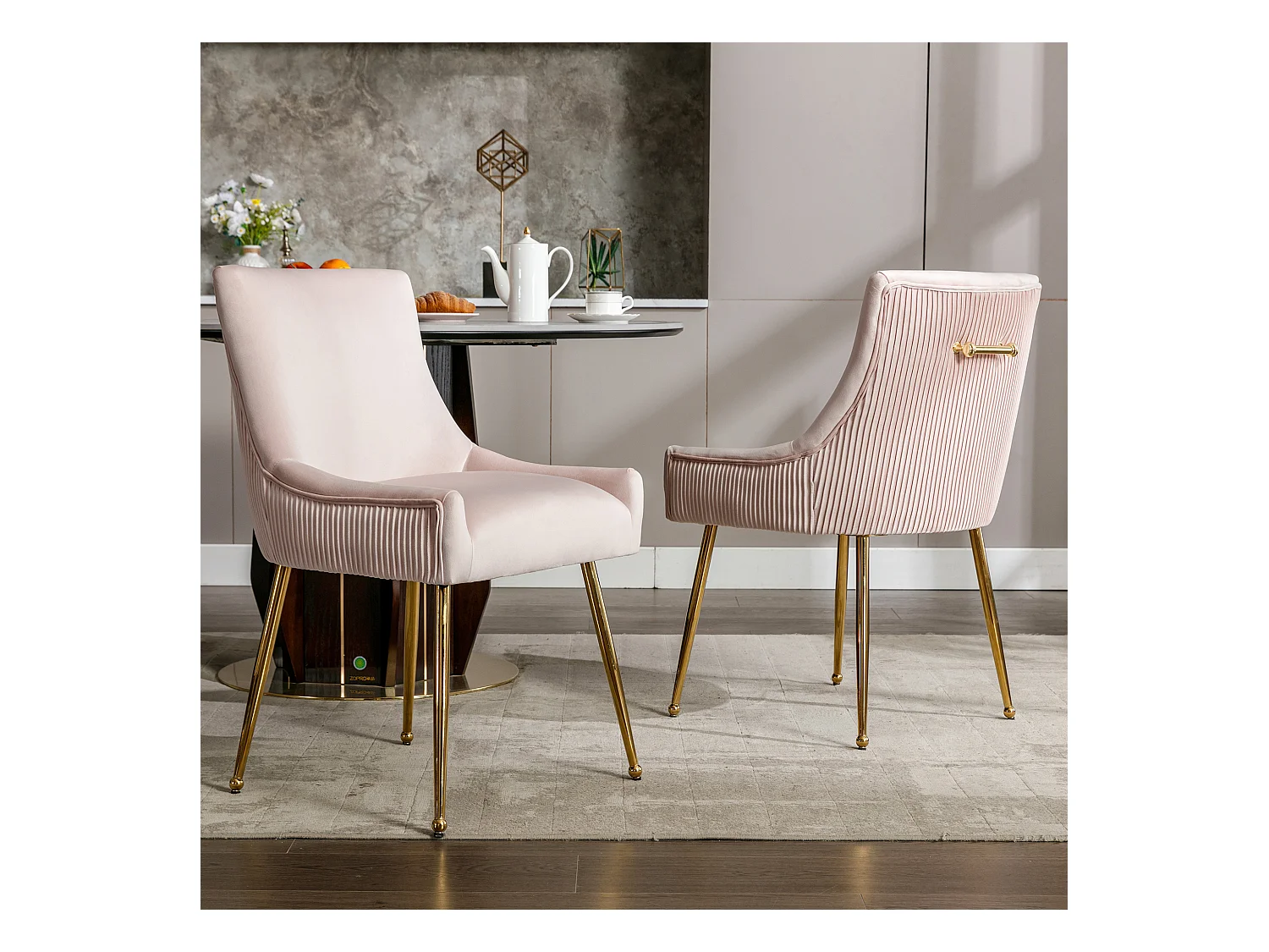 Lot de 2 Chaises de salle à manger rembourré pieds en Métal Doré - Rose