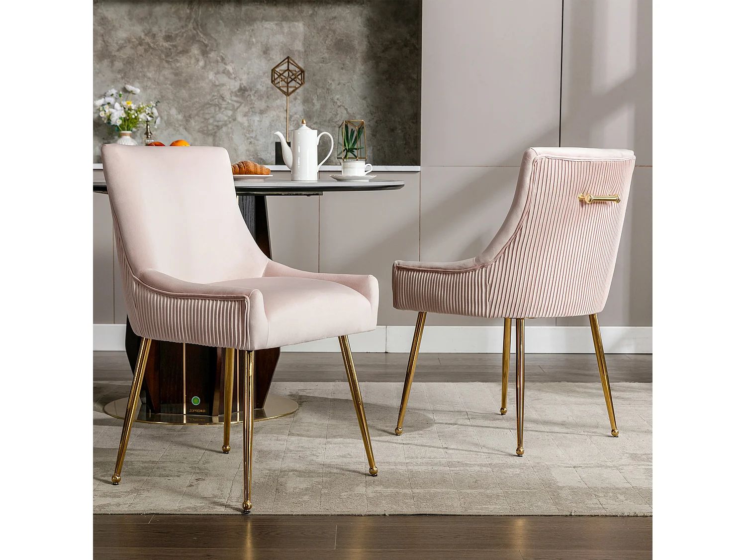 Lot de 2 Chaises de salle à manger rembourré pieds en Métal Doré - Rose