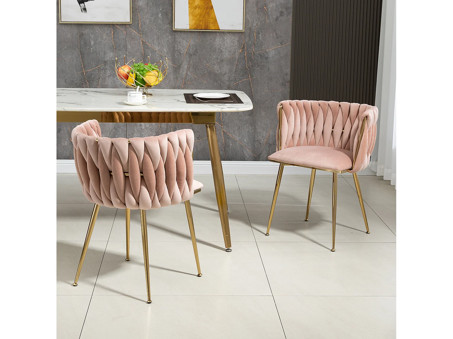 Lot de 2 Chaises de salle à manger en Velours Pied Doré - Rose