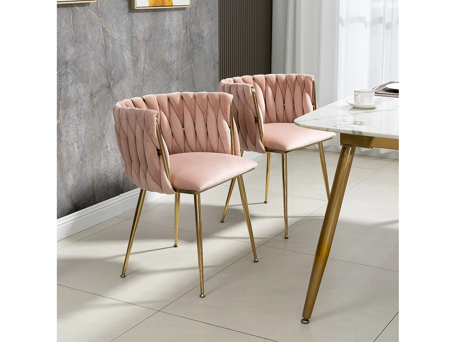 Lot de 2 Chaises de salle à manger en Velours Pied Doré - Rose