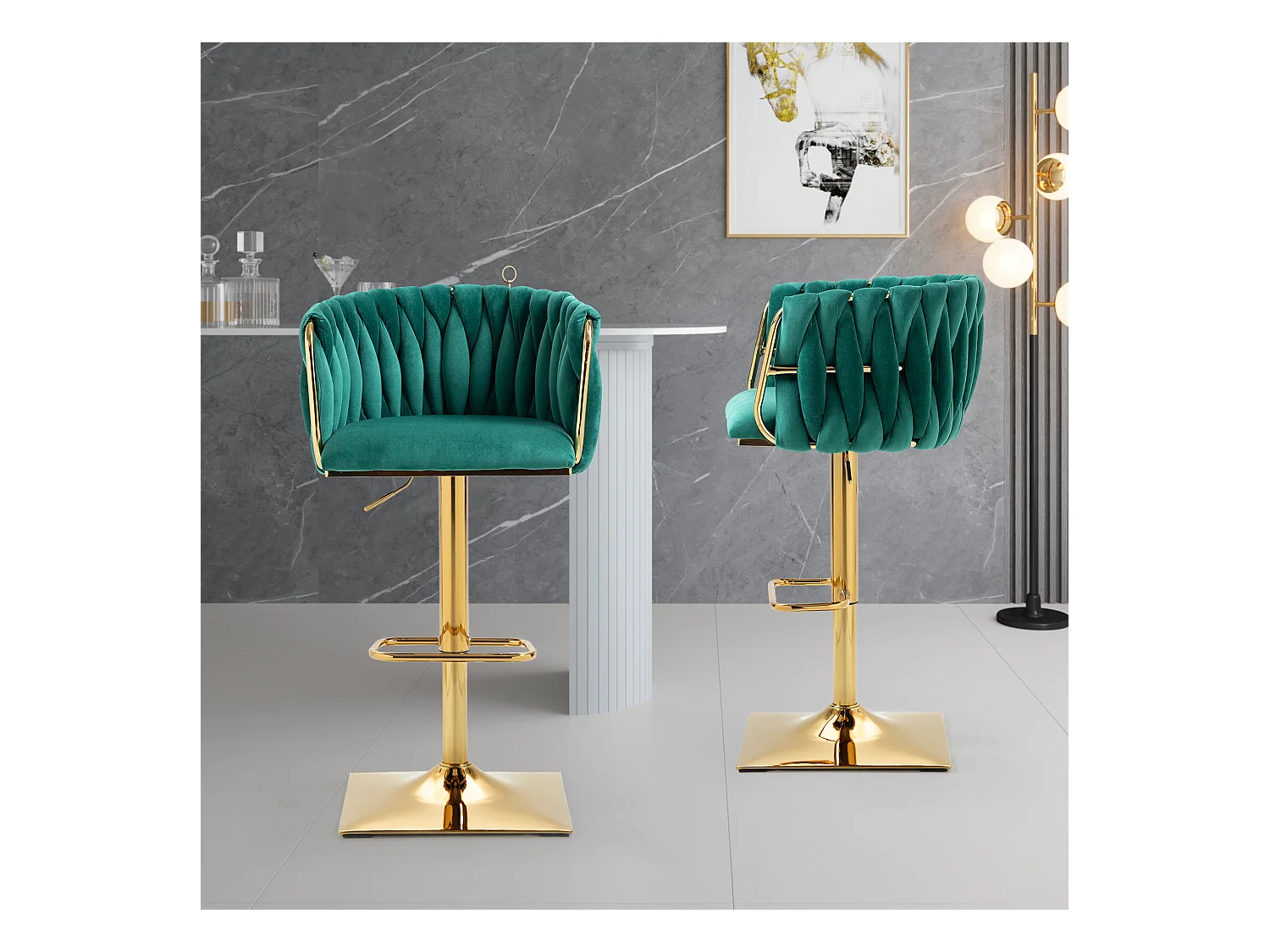 Lot de 2 Tabourets de bar Velours réglable en hauteur avec dossier et repose-pieds - Vert émeraude